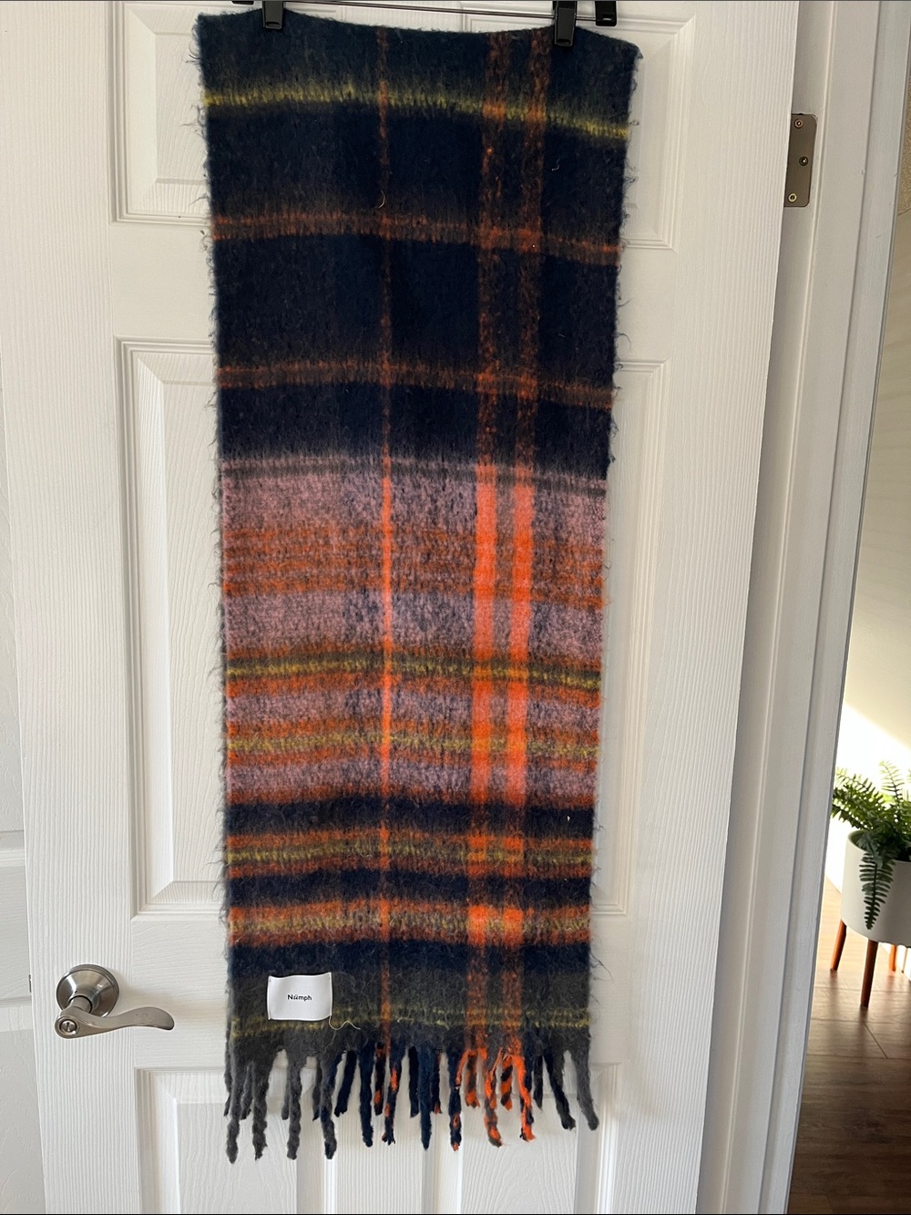 Numph Plaid Fringe Mohair-Blend blanket Scarf in navy, Orange & Pink